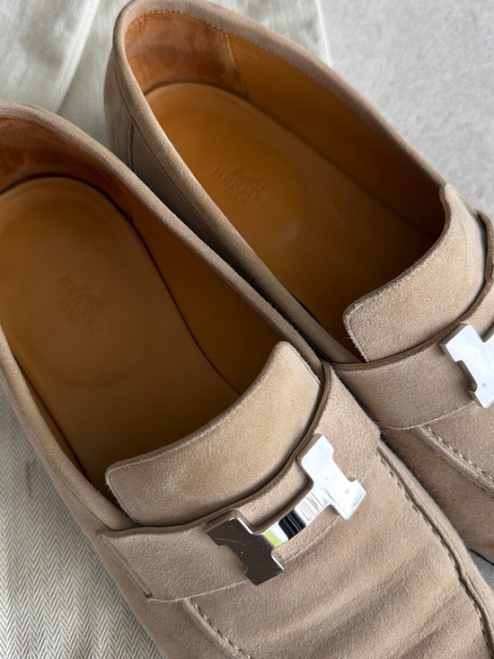 Hermes Beige Suede Men\'s Paris Loafers with Silver H Buckle